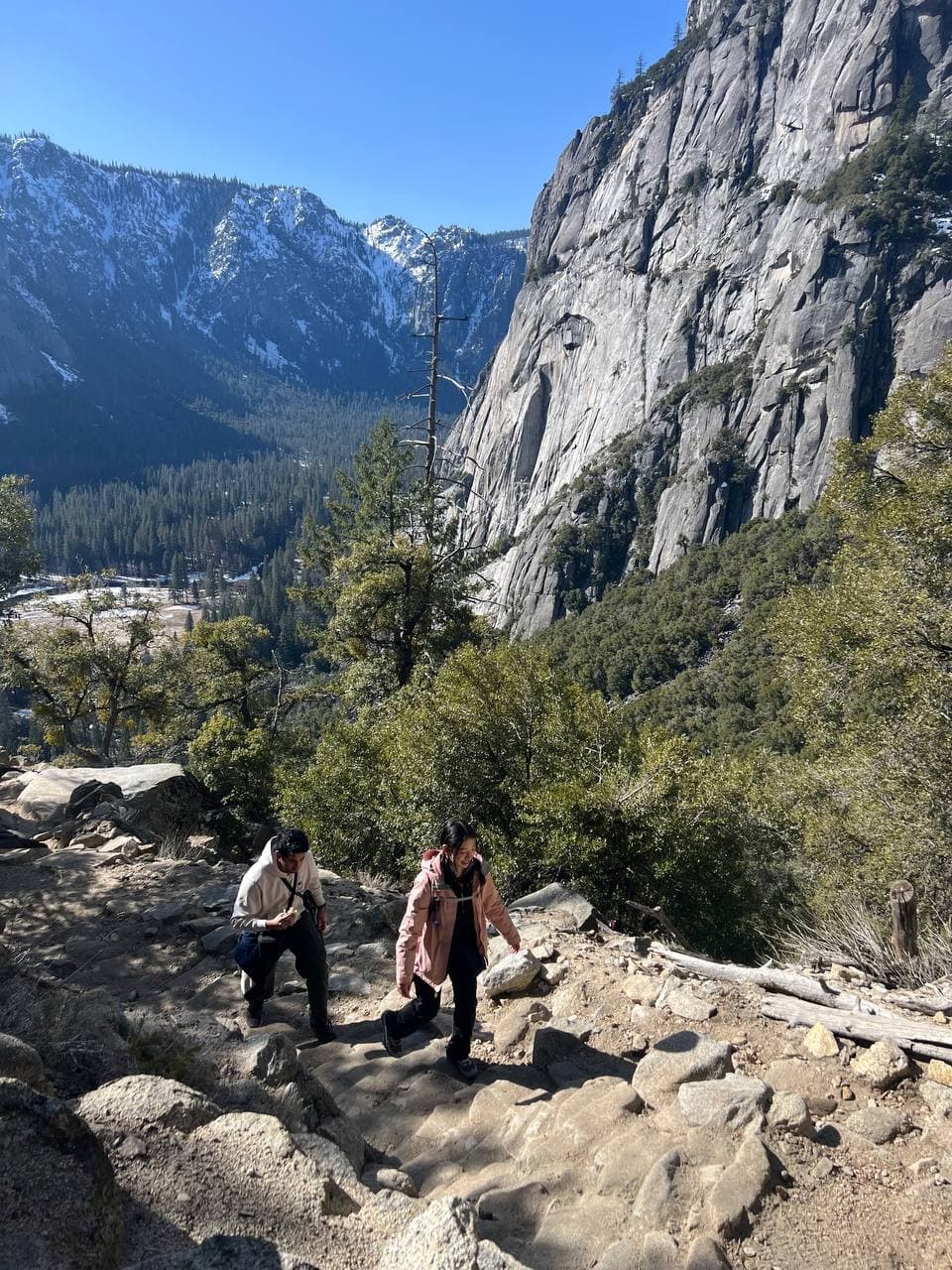 Amy and Roshan hiking above Yosemite Valley